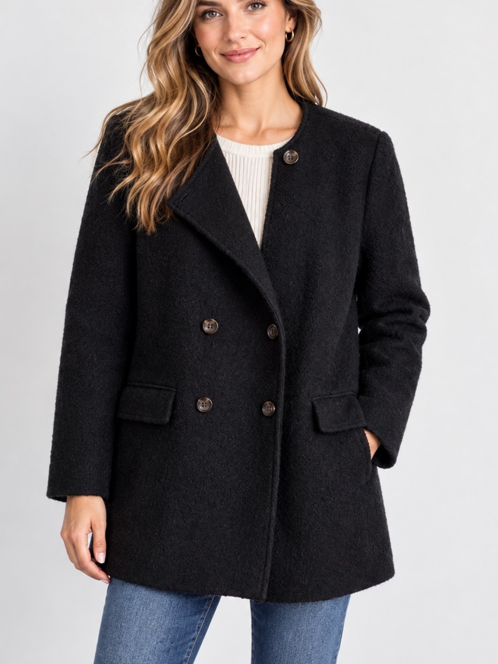 Ann Taylor Black Double Breasted Wool Blend Pea Coat Jacket Chic Winter Size XL